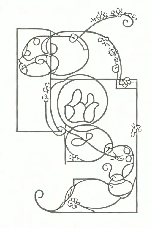 figure eight fold path of buddhism, 3 paw prints, and Toby, Frank, Sydney names tattoo design idea