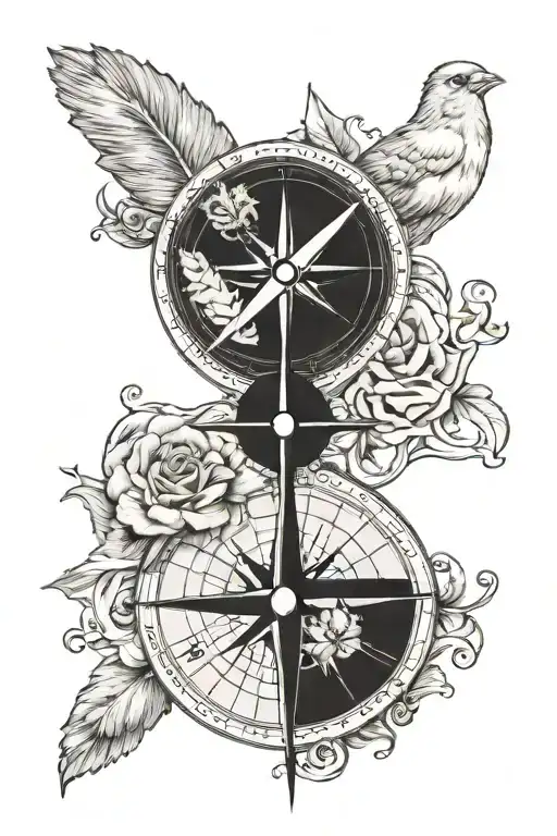 black and gray  A traditional compass with four cardinal directions (N, S, E, W) A realistic human brain with a wrinkled tattoo design idea