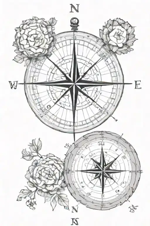 black and gray  A traditional compass with four cardinal directions (N, S, E, W) A realistic human brain with a wrinkled tattoo design idea