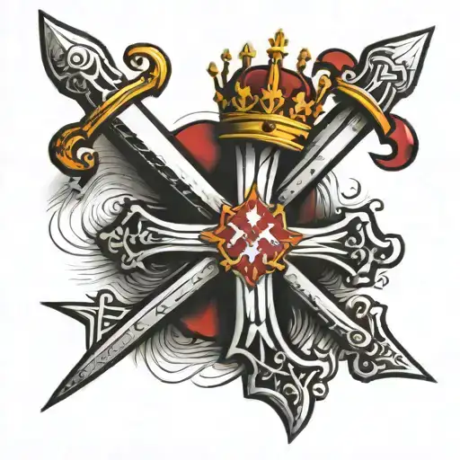 croatian white &  red checker, cross with 2 swords crossed, crown embedded in the cross tattoo design idea