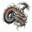 japanese dragon tattoo, black and red color, wrapped around the whole arm sleeve tattoo design idea