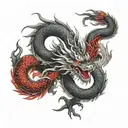 japanese dragon tattoo, black and red color, wrapped around the whole arm sleeve tattoo design idea