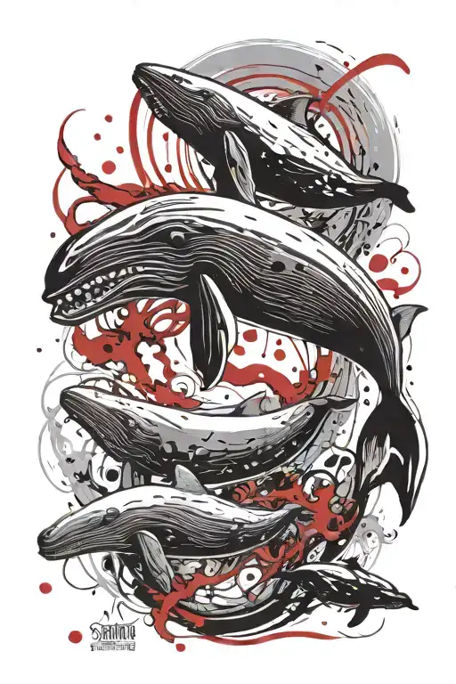 Sperm whale diving and fighting a squid  tattoo design idea
