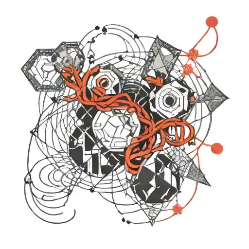 red string of fate running through geometric shapes tattoo design idea