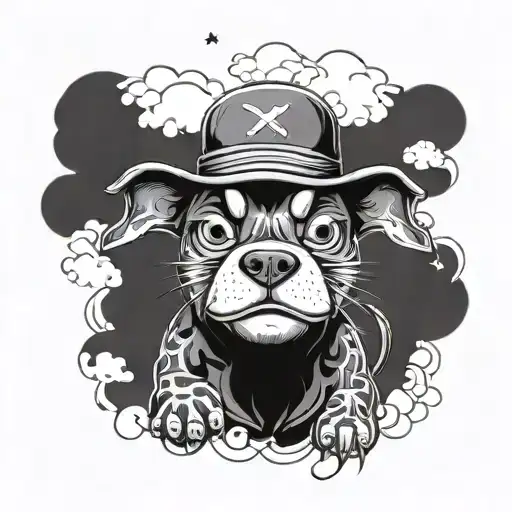 luffy from one piece as a pitbull dog with straw hat with anime clouds at the backround tattoo design idea