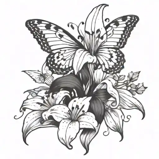A blackwork tattoo of a large lily with musical notes as its petals, a Maltese dog sitting at its base, and butterflies flying around it tattoo design idea