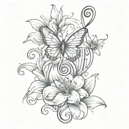 A sketch style tattoo of a lily transforming into a music note, with a Maltese dog and butterflies surrounding it tattoo design idea