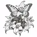 A blackwork tattoo of a large lily with musical notes as its petals, a Maltese dog sitting at its base, and butterflies flying around it tattoo design idea