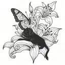 A blackwork tattoo of a large lily with musical notes as its petals, a Maltese dog sitting at its base, and butterflies flying around it tattoo design idea