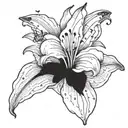 A blackwork tattoo of a large lily with musical notes as its petals, a Maltese dog sitting at its base, and butterflies flying around it tattoo design idea