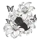 A blackwork tattoo of a large lily with musical notes as its petals, a Maltese dog sitting at its base, and butterflies flying around it tattoo design idea