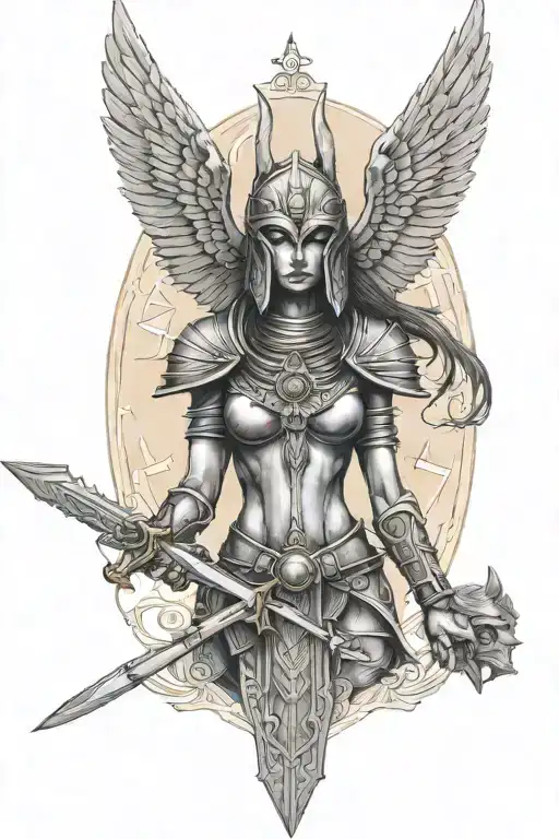 female angel holding sword with both hands wearing armor and a winged helmet Anubis by her side with the eye of Ra tattoo design idea