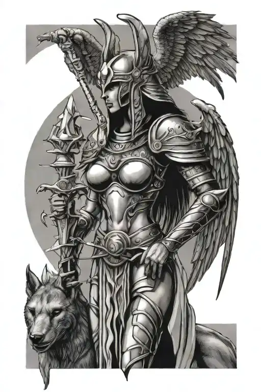 female angel holding sword wear armor and a winged helmet standing beside Anubis tattoo design idea