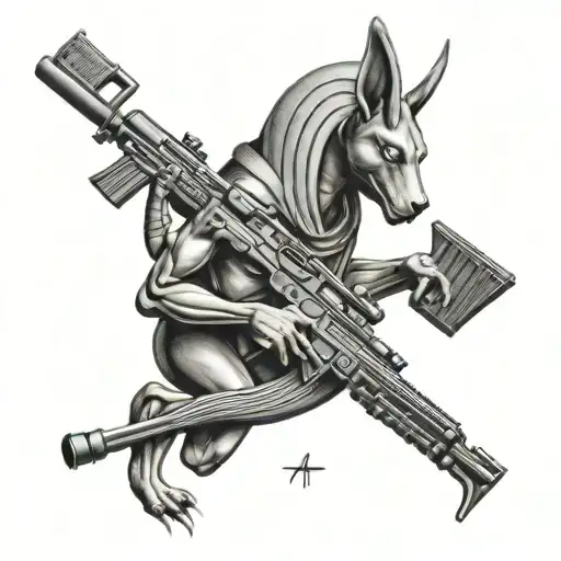 Anubis riding piano tiles and holding 2 ak 47 rifle firing having a revenging face tattoo design idea