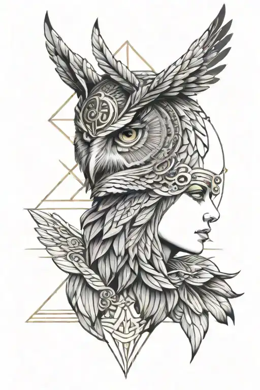 half face of owl and athena greek goddess tattoo design idea