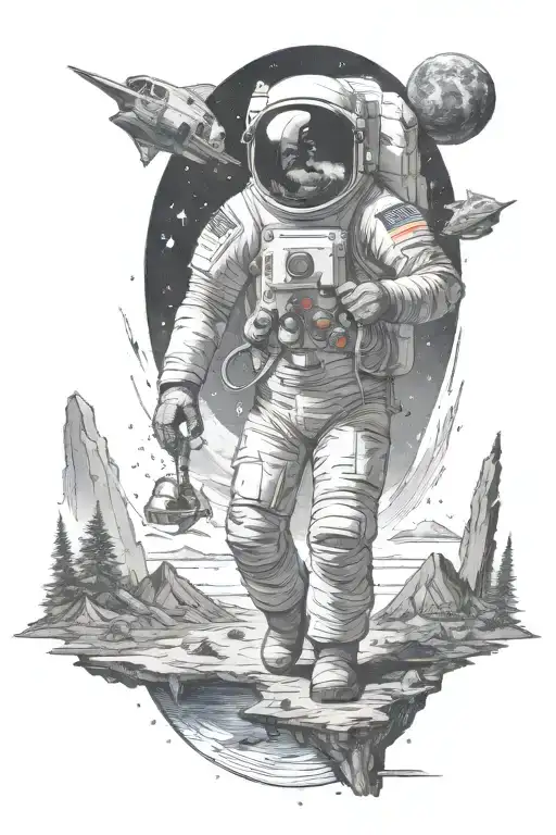 conspiracy of moon landing, flat earth, firmament, aliens, Bigfoot all combined in one tattoo  tattoo design idea
