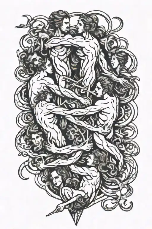 A sketch tattoo of a group of intertwined figures engaging in a hedonistic celebration, symbolizing the client's love fo tattoo design idea