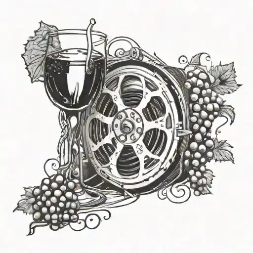 A film reel intertwined with a vine of grapes and wine glasses tattoo design idea