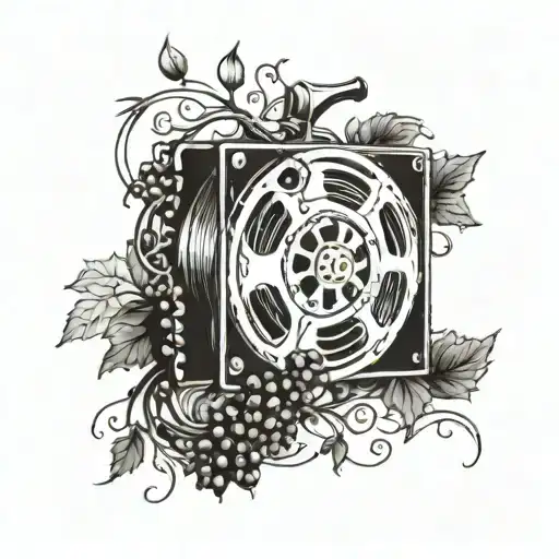 A film reel intertwined with grapevines, symbolizing a love for cinema and wine tattoo design idea