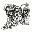 A film reel intertwined with a vine of grapes and wine glasses tattoo design idea
