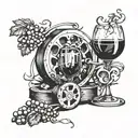 A film reel intertwined with a vine of grapes and wine glasses tattoo design idea