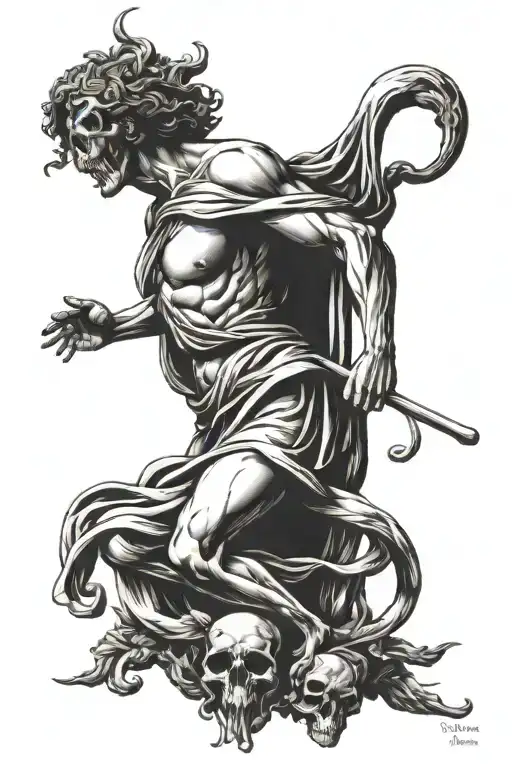greek mythology tattoo surronded by the words Momento Mori tattoo design idea