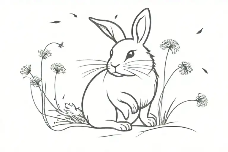 A  bunny crying a single tear standing on two legs holding a dandelion that has part of the seeds flowing with the wind tattoo design idea