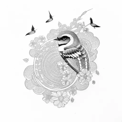 Japanese bird with spiral and flowers tattoo design idea