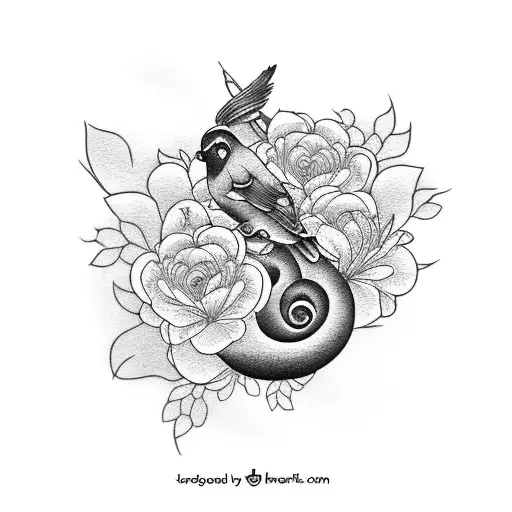 Japanese bird with spiral and flowers tattoo design idea