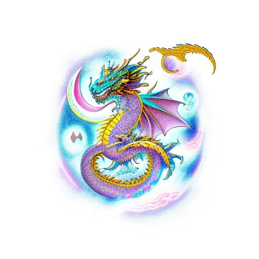 A cosmic dragon surrounded by feminine symbols and lyrics from a favorite song tattoo design idea