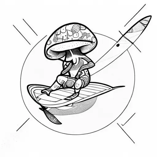 mushroom riding a surfboard tattoo design idea