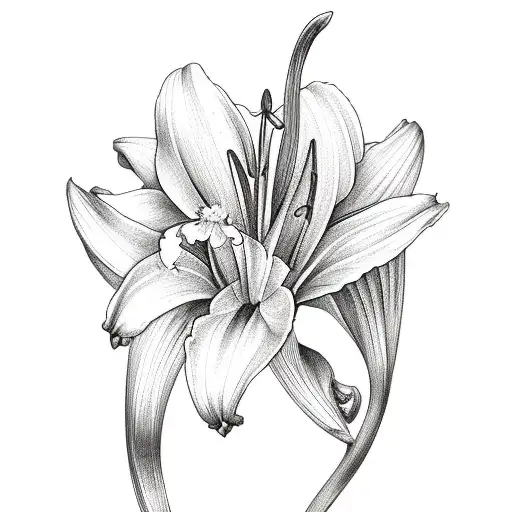 a lily of the valley, a daffodil, a gladiolus, a violet in a bunch together tattoo design idea
