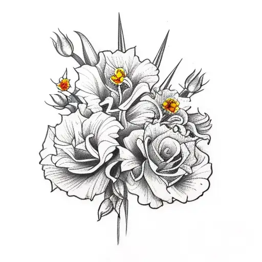 Bouquet with Rose, Gladiolus, Marigold, and two Narcissus flowers tattoo design idea