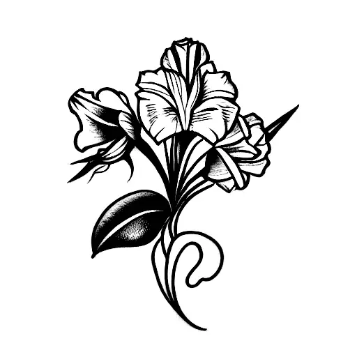 Bouquet with one Rose, one Gladiolus, one Marigold, and two Narcissus flowers tattoo design idea