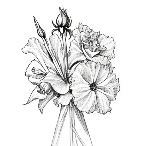 Bouquet with Rose, Gladiolus, Marigold, and two Narcissus flowers tattoo design idea