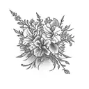 Bouquet with Rose, Gladiolus, Marigold, and two Narcissus flowers tattoo design idea