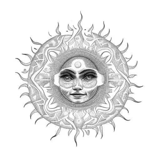 An intricate dotwork design of a sun setting behind a family of birds on a musical staff tattoo design idea