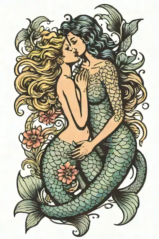mermaids kissing tattoo design idea