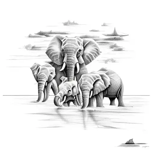 A sketch-style tattoo of Isla Holbox's breathtaking beachscape with elephants playing in the background tattoo design idea