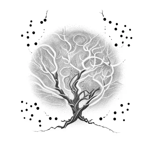 A hauntingly beautiful tree with twisted branches and glowing fireflies tattoo design idea