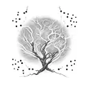 A hauntingly beautiful tree with twisted branches and glowing fireflies tattoo design idea