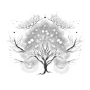 A hauntingly beautiful tree with twisted branches and glowing fireflies tattoo design idea