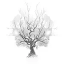 A hauntingly beautiful tree with twisted branches and glowing fireflies tattoo design idea