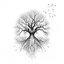 A hauntingly beautiful tree with twisted branches and glowing fireflies tattoo design idea