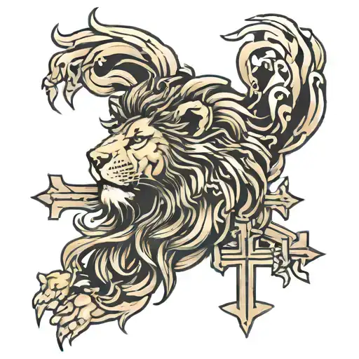 lion with 3 crosses under and clouds tattoo design idea
