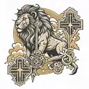 lion with 3 crosses under and clouds tattoo design idea