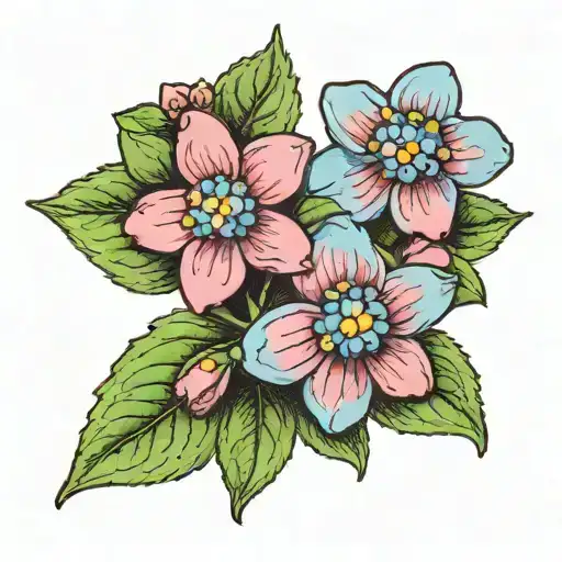 three single forget-me-not flowers with leaves. One flower is purple and the other two flowers are an identical pink. tattoo design idea