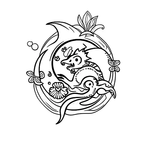 moon with baby dragon and a flower  tattoo design idea