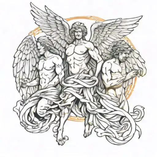 3 statues Icarus Lucifer angels tattoo design idea