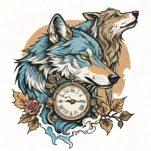 a wolf with blue eyes, another wolf standing on a rock looking at the moon in a forest, a clock cutting the hour 7 tattoo design idea